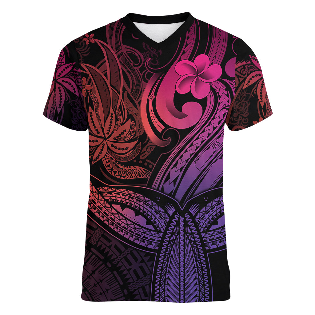 Polynesia Women V Neck T Shirt Whale Tale and Polynesian Sunset Plumeria Pink LT9 Female Pink - Polynesian Pride