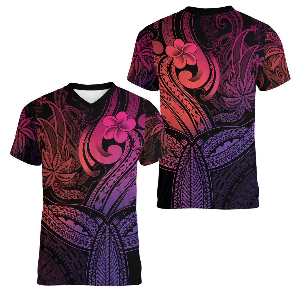 Polynesia Women V Neck T Shirt Whale Tale and Polynesian Sunset Plumeria Pink LT9 - Polynesian Pride