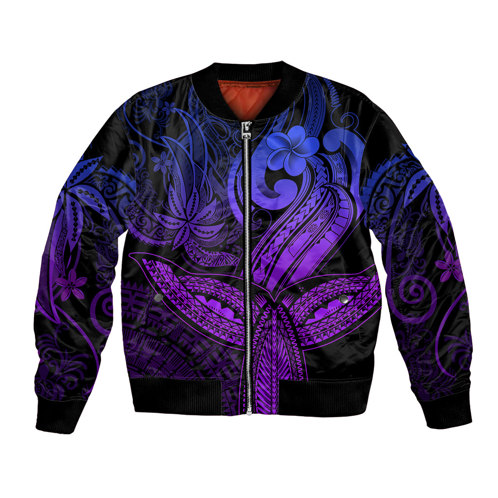 Polynesia Bomber Jacket Whale Tale and Polynesian Sunset Plumeria Purple LT9 Unisex Purple - Polynesian Pride