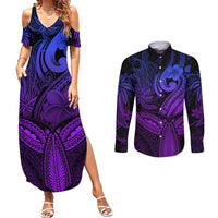 Polynesia Couples Matching Summer Maxi Dress and Long Sleeve Button Shirts Whale Tale and Polynesian Sunset Plumeria Purple LT9 Purple - Polynesian Pride