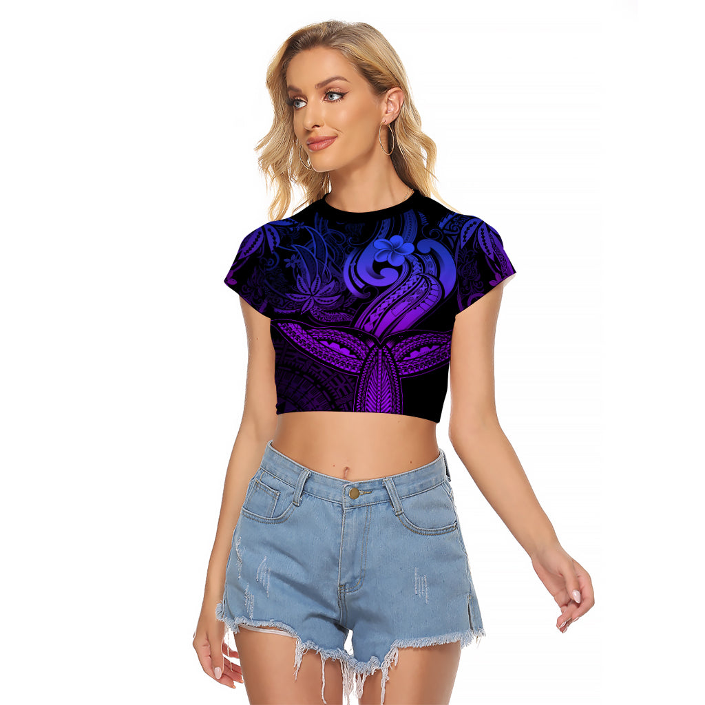 Polynesia Raglan Cropped T Shirt Whale Tale and Polynesian Sunset Plumeria Purple LT9 Female Purple - Polynesian Pride