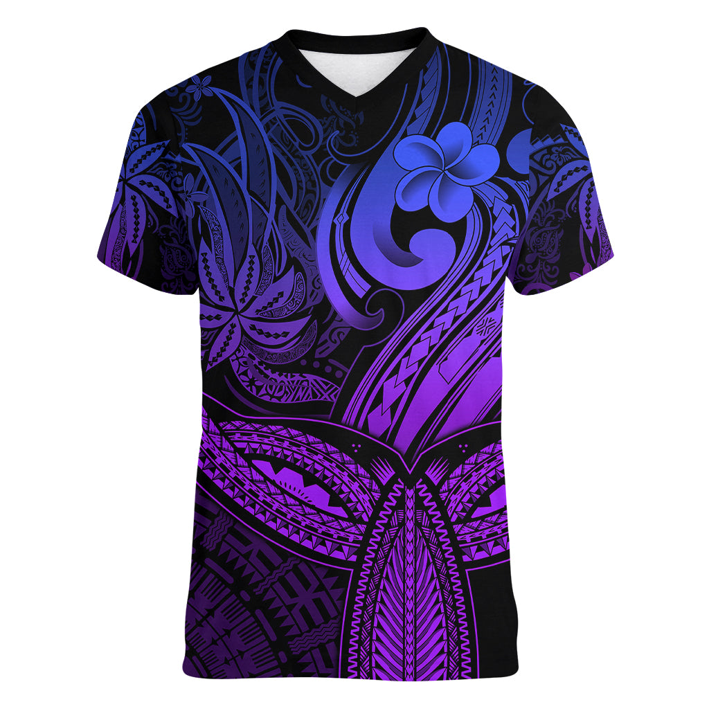 Polynesia Women V Neck T Shirt Whale Tale and Polynesian Sunset Plumeria Purple LT9 Female Purple - Polynesian Pride
