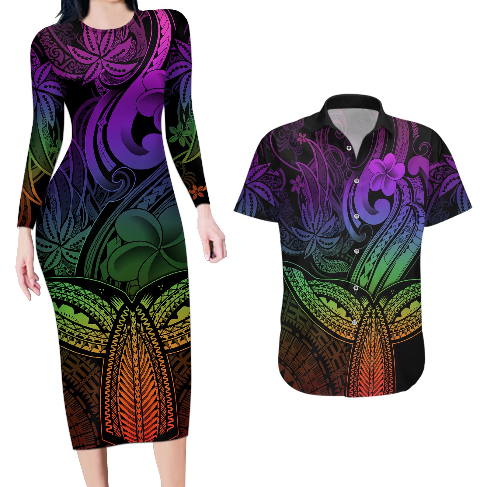 Polynesia Couples Matching Long Sleeve Bodycon Dress and Hawaiian Shirt Whale Tale and Polynesian Sunset Plumeria Rainbow LT9 Rainbow - Polynesian Pride