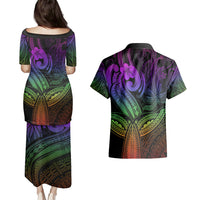Polynesia Couples Matching Puletasi Dress and Hawaiian Shirt Whale Tale and Polynesian Sunset Plumeria Rainbow LT9 - Polynesian Pride