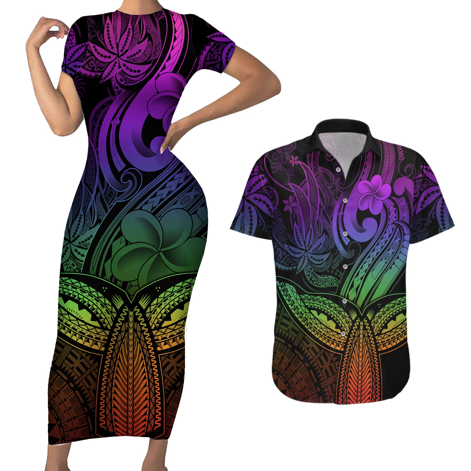 Polynesia Couples Matching Short Sleeve Bodycon Dress and Hawaiian Shirt Whale Tale and Polynesian Sunset Plumeria Rainbow LT9 Rainbow - Polynesian Pride