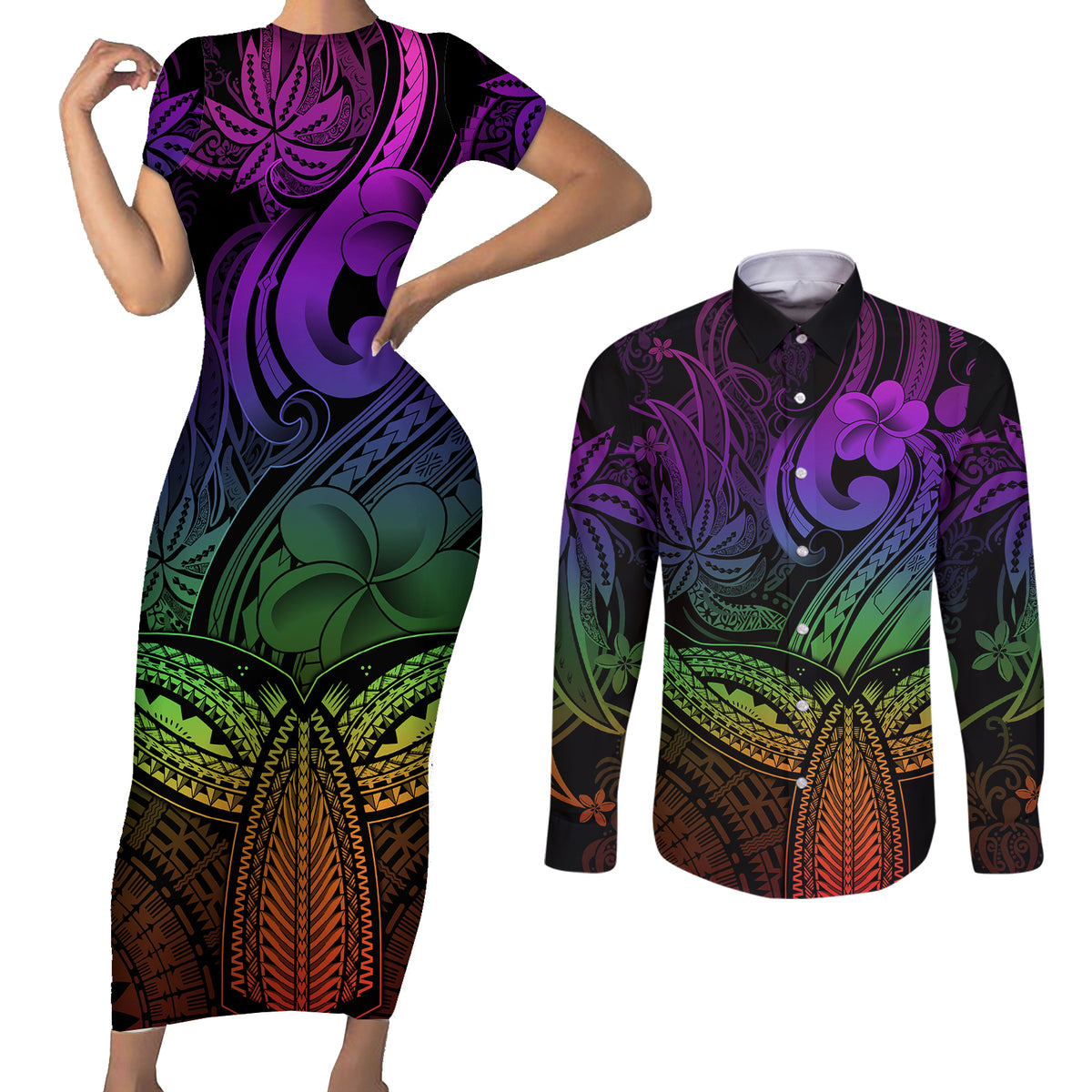 Polynesia Couples Matching Short Sleeve Bodycon Dress and Long Sleeve Button Shirts Whale Tale and Polynesian Sunset Plumeria Rainbow LT9 Rainbow - Polynesian Pride