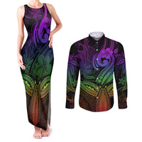Polynesia Couples Matching Tank Maxi Dress and Long Sleeve Button Shirts Whale Tale and Polynesian Sunset Plumeria Rainbow LT9 Rainbow - Polynesian Pride