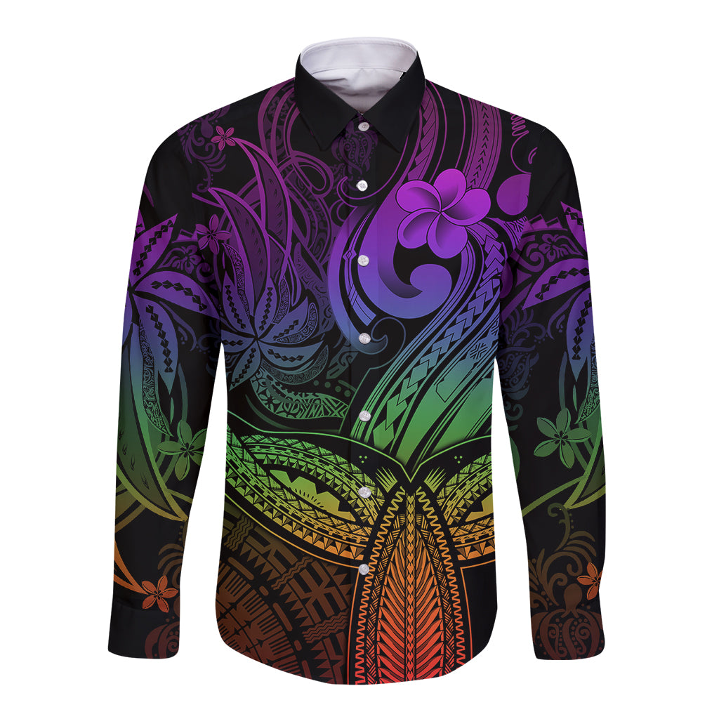 Polynesia Long Sleeve Button Shirt Whale Tale and Polynesian Sunset Plumeria Rainbow LT9 Unisex Rainbow - Polynesian Pride