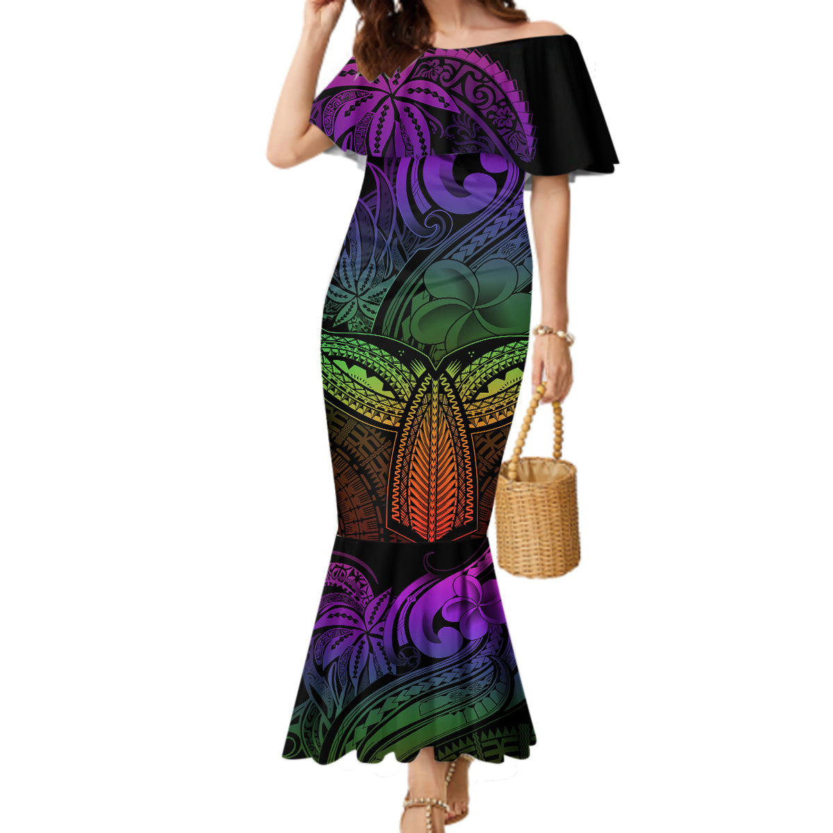 Polynesia Mermaid Dress Whale Tale and Polynesian Sunset Plumeria Rainbow LT9 Women Rainbow - Polynesian Pride