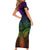 Polynesia Short Sleeve Bodycon Dress Whale Tale and Polynesian Sunset Plumeria Rainbow LT9 - Polynesian Pride