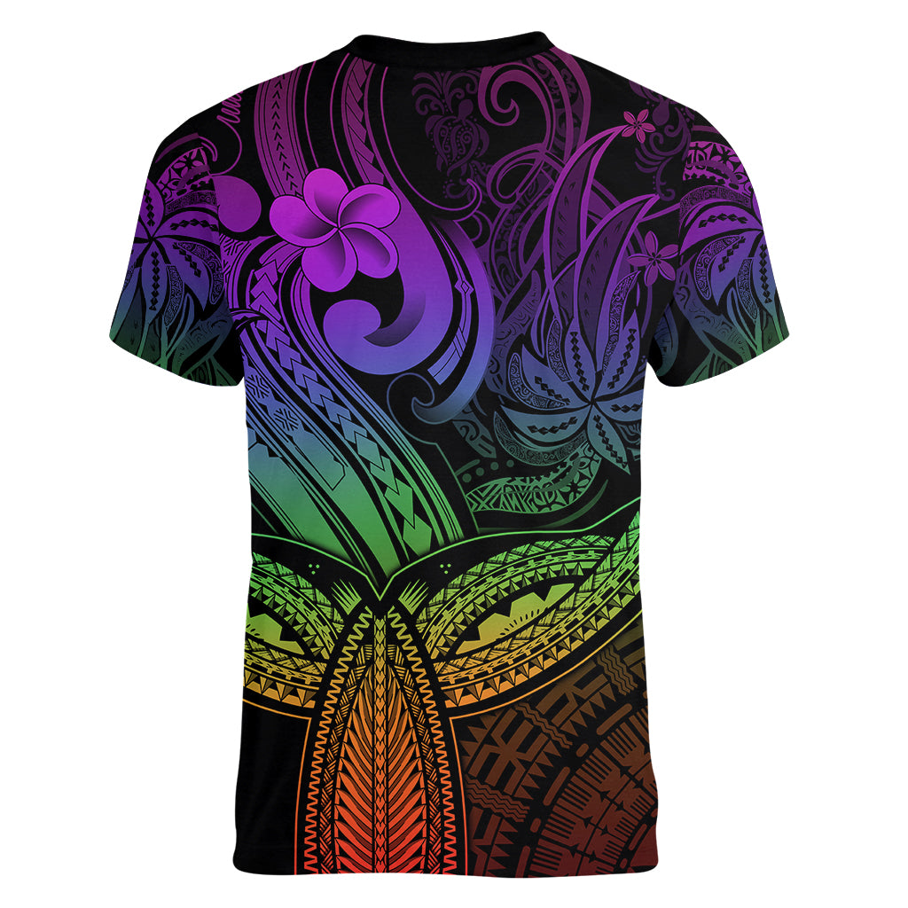 Polynesia Women V Neck T Shirt Whale Tale and Polynesian Sunset Plumeria Rainbow LT9 - Polynesian Pride