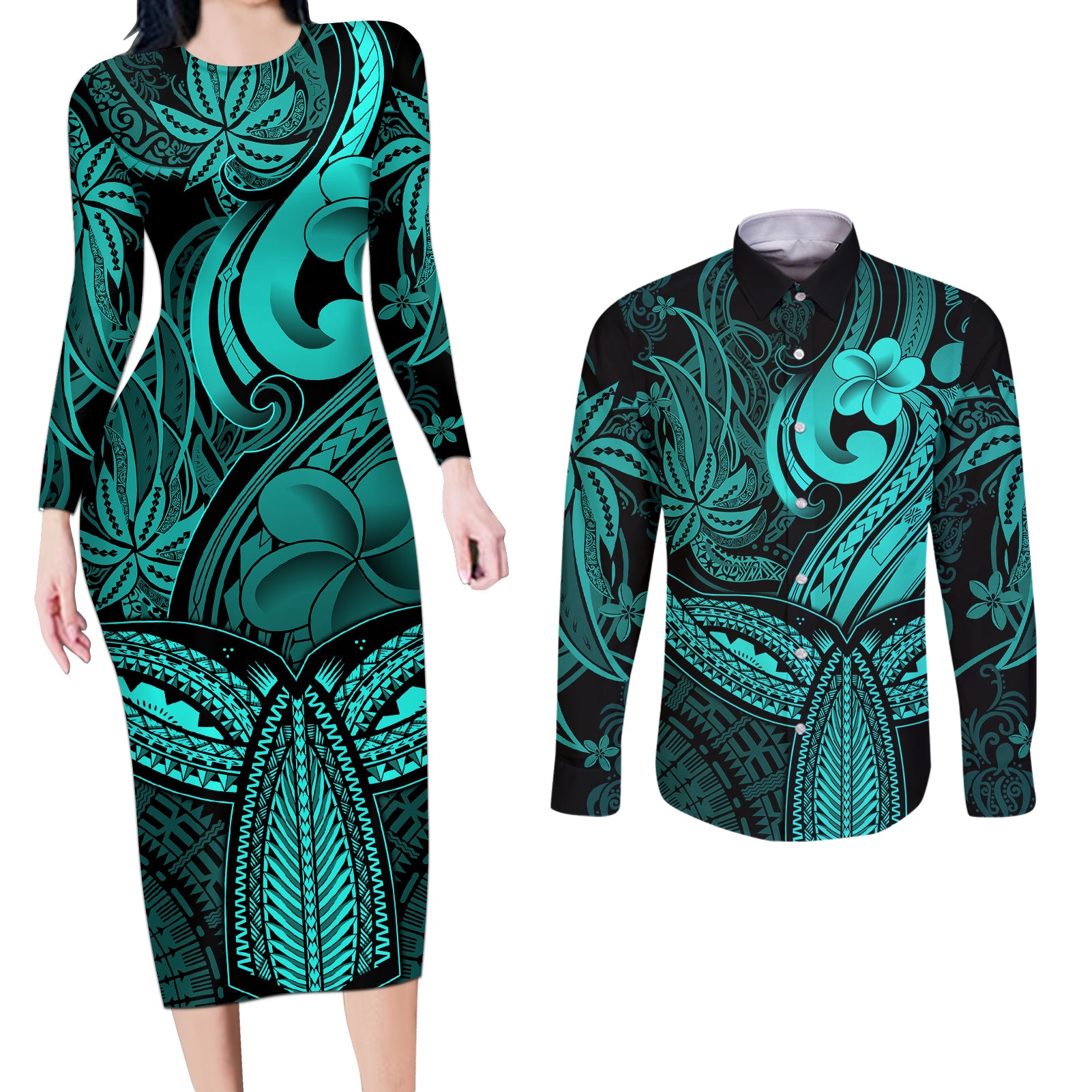 Polynesia Couples Matching Long Sleeve Bodycon Dress and Long Sleeve Button Shirts Whale Tale and Polynesian Sunset Plumeria Turquoise LT9 Turquoise - Polynesian Pride