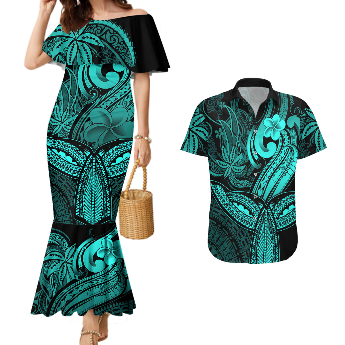 Polynesia Couples Matching Mermaid Dress and Hawaiian Shirt Whale Tale and Polynesian Sunset Plumeria Turquoise LT9 Turquoise - Polynesian Pride