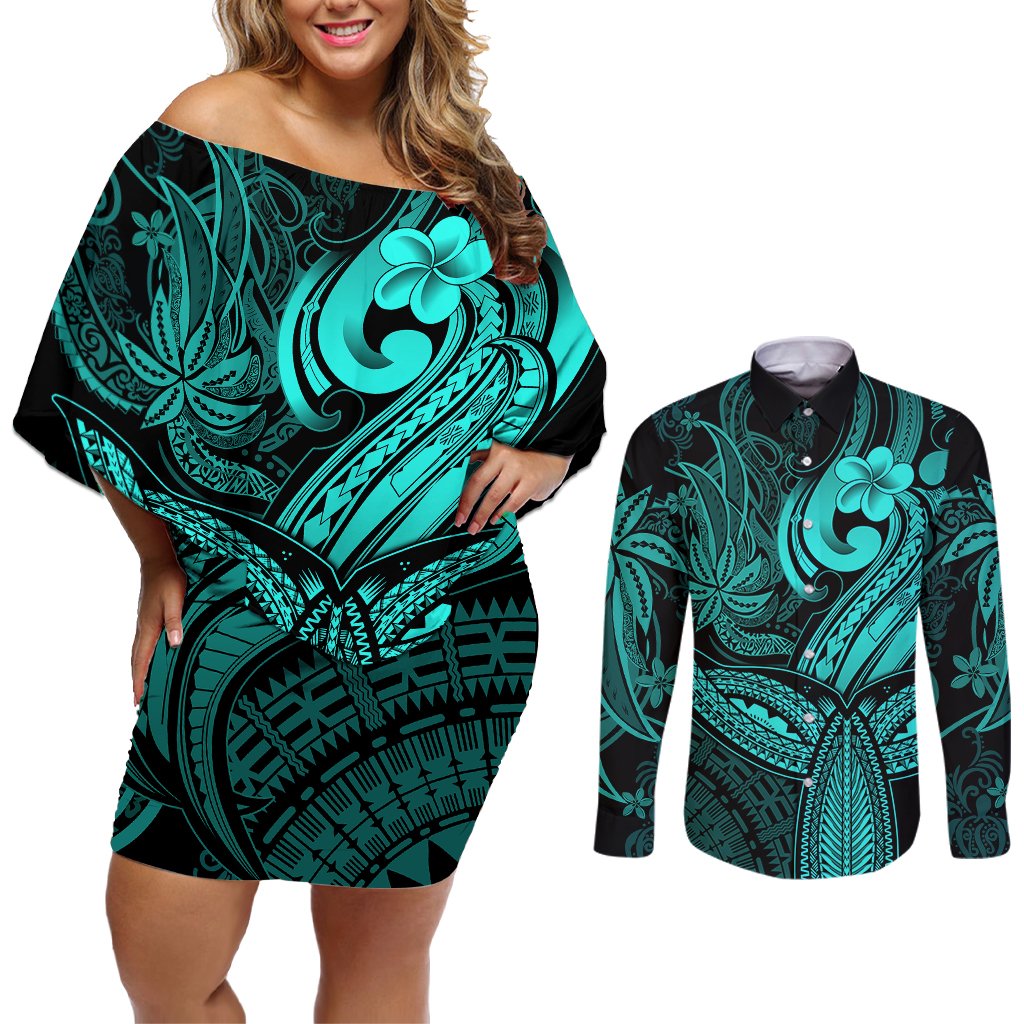 Polynesia Couples Matching Off Shoulder Short Dress and Long Sleeve Button Shirts Whale Tale and Polynesian Sunset Plumeria Turquoise LT9 Turquoise - Polynesian Pride