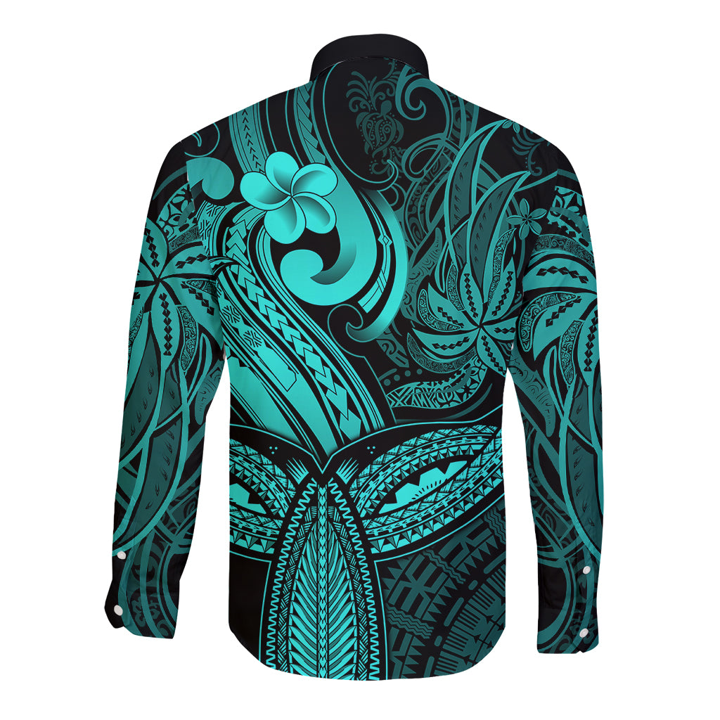 Polynesia Long Sleeve Button Shirt Whale Tale and Polynesian Sunset Plumeria Turquoise LT9 - Polynesian Pride