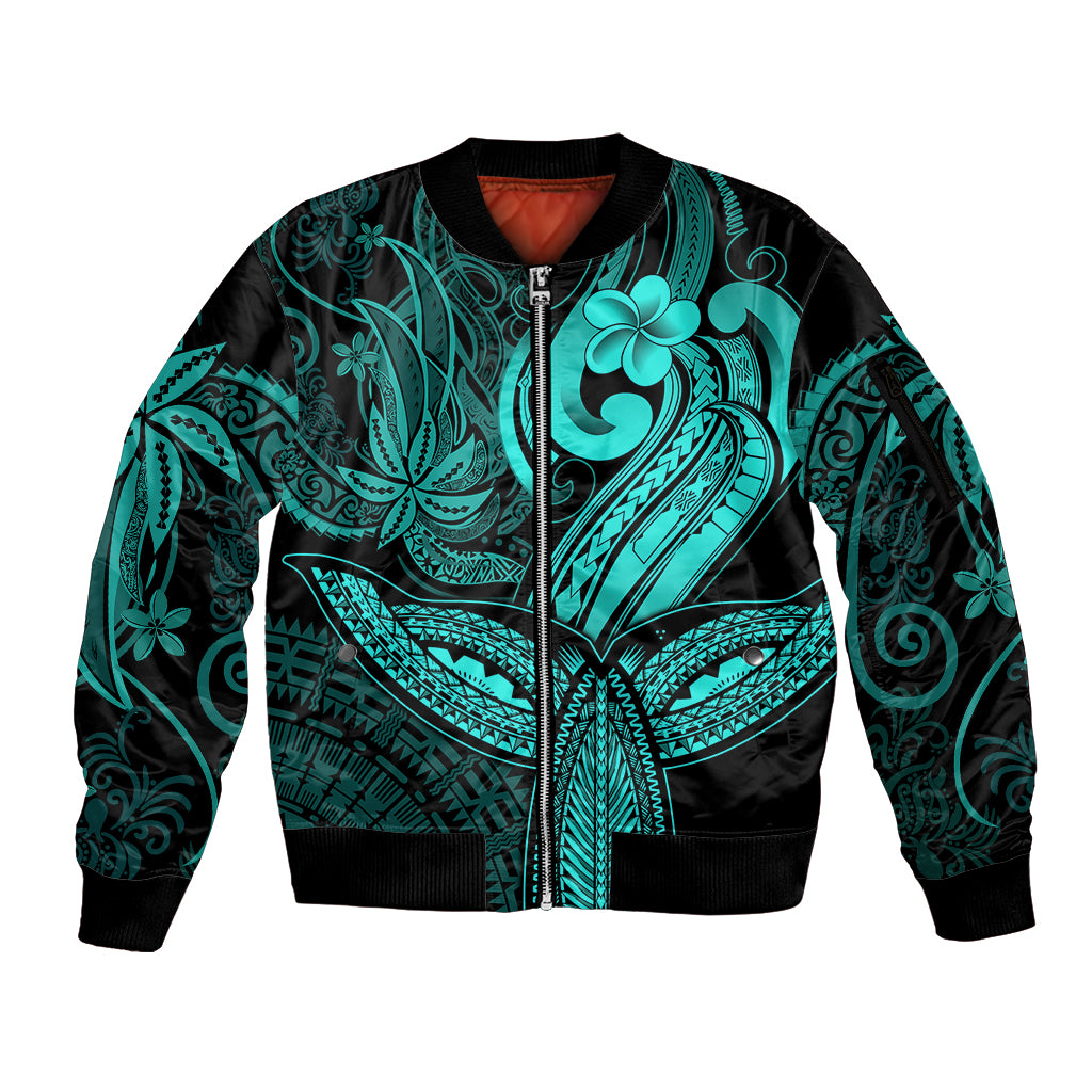 Polynesia Sleeve Zip Bomber Jacket Whale Tale and Polynesian Sunset Plumeria Turquoise LT9 Unisex Turquoise - Polynesian Pride