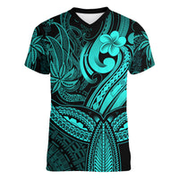 Polynesia Women V Neck T Shirt Whale Tale and Polynesian Sunset Plumeria Turquoise LT9 Female Turquoise - Polynesian Pride