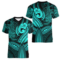 Polynesia Women V Neck T Shirt Whale Tale and Polynesian Sunset Plumeria Turquoise LT9 - Polynesian Pride