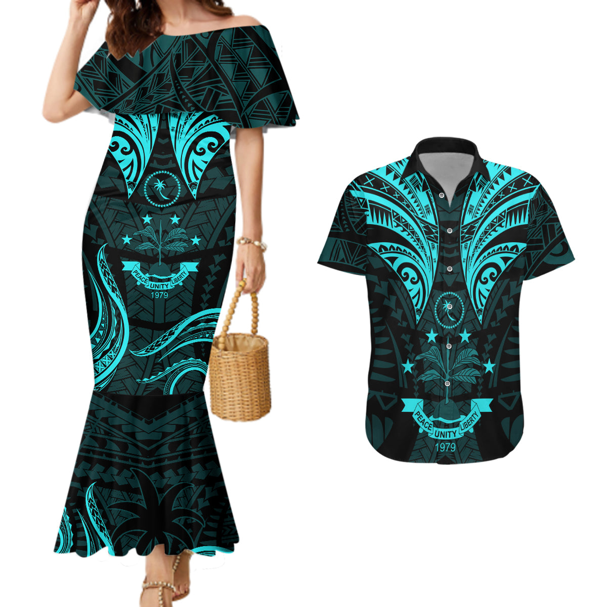 FSM Chuuk States Couples Matching Mermaid Dress and Hawaiian Shirt Micronesia Vintage Polynesian Tribal Aqua Version LT9 Aqua - Polynesian Pride