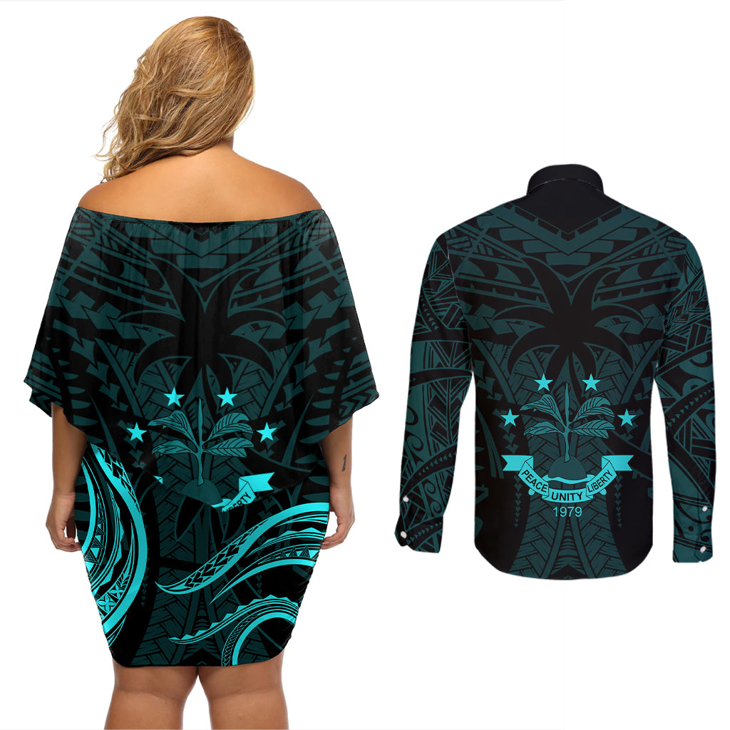 FSM Chuuk States Couples Matching Off Shoulder Short Dress and Long Sleeve Button Shirts Micronesia Vintage Polynesian Tribal Aqua Version LT9 - Polynesian Pride