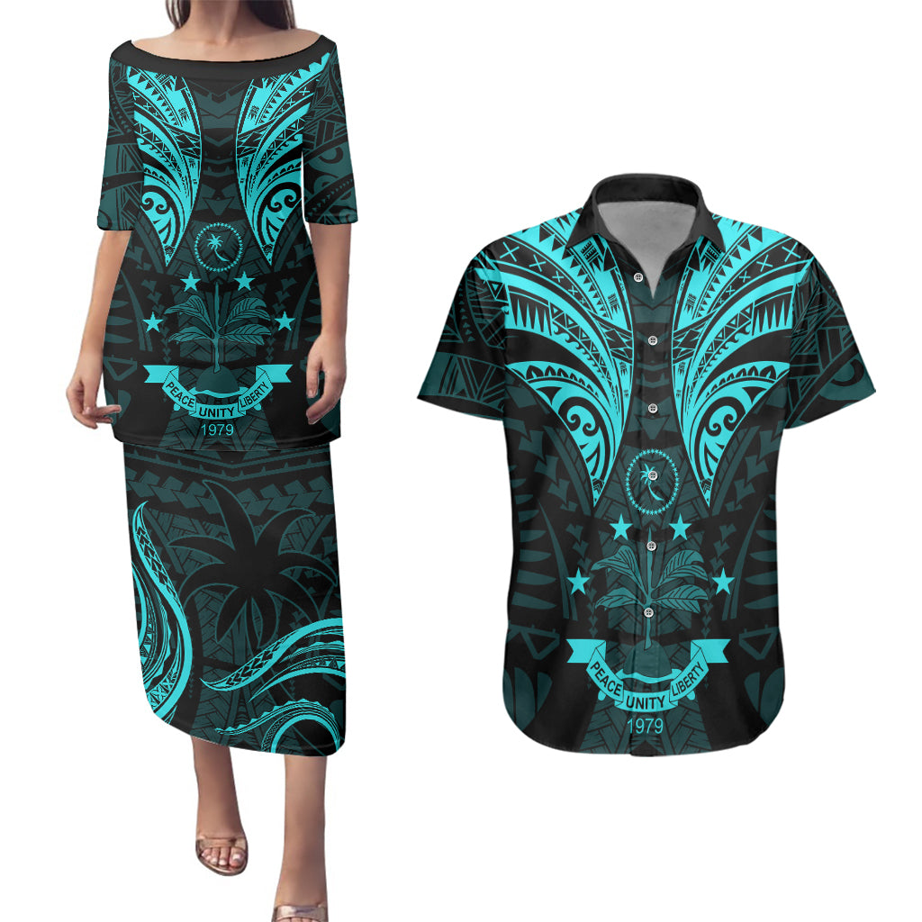 FSM Chuuk States Couples Matching Puletasi Dress and Hawaiian Shirt Micronesia Vintage Polynesian Tribal Aqua Version LT9 Aqua - Polynesian Pride