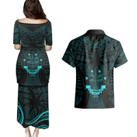 FSM Chuuk States Couples Matching Puletasi Dress and Hawaiian Shirt Micronesia Vintage Polynesian Tribal Aqua Version LT9 - Polynesian Pride