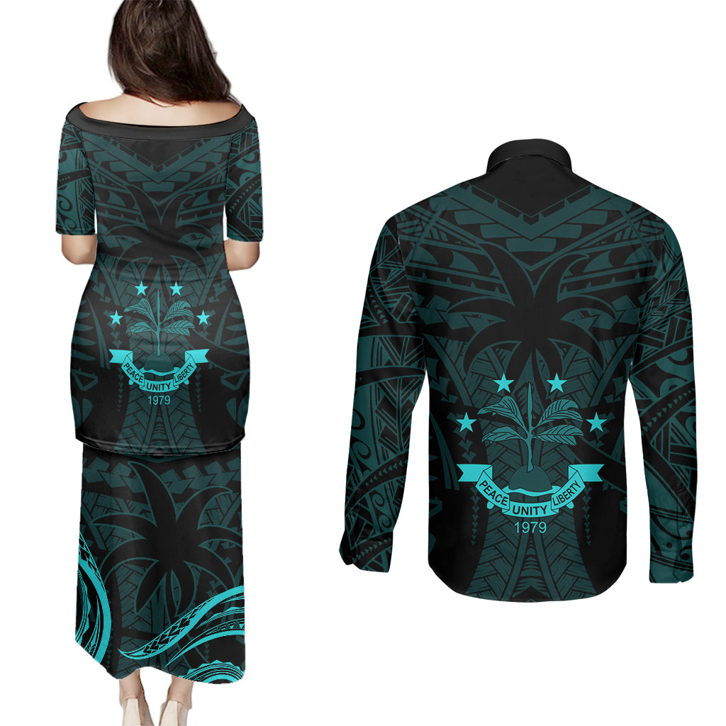 FSM Chuuk States Couples Matching Puletasi Dress and Long Sleeve Button Shirts Micronesia Vintage Polynesian Tribal Aqua Version LT9 - Polynesian Pride