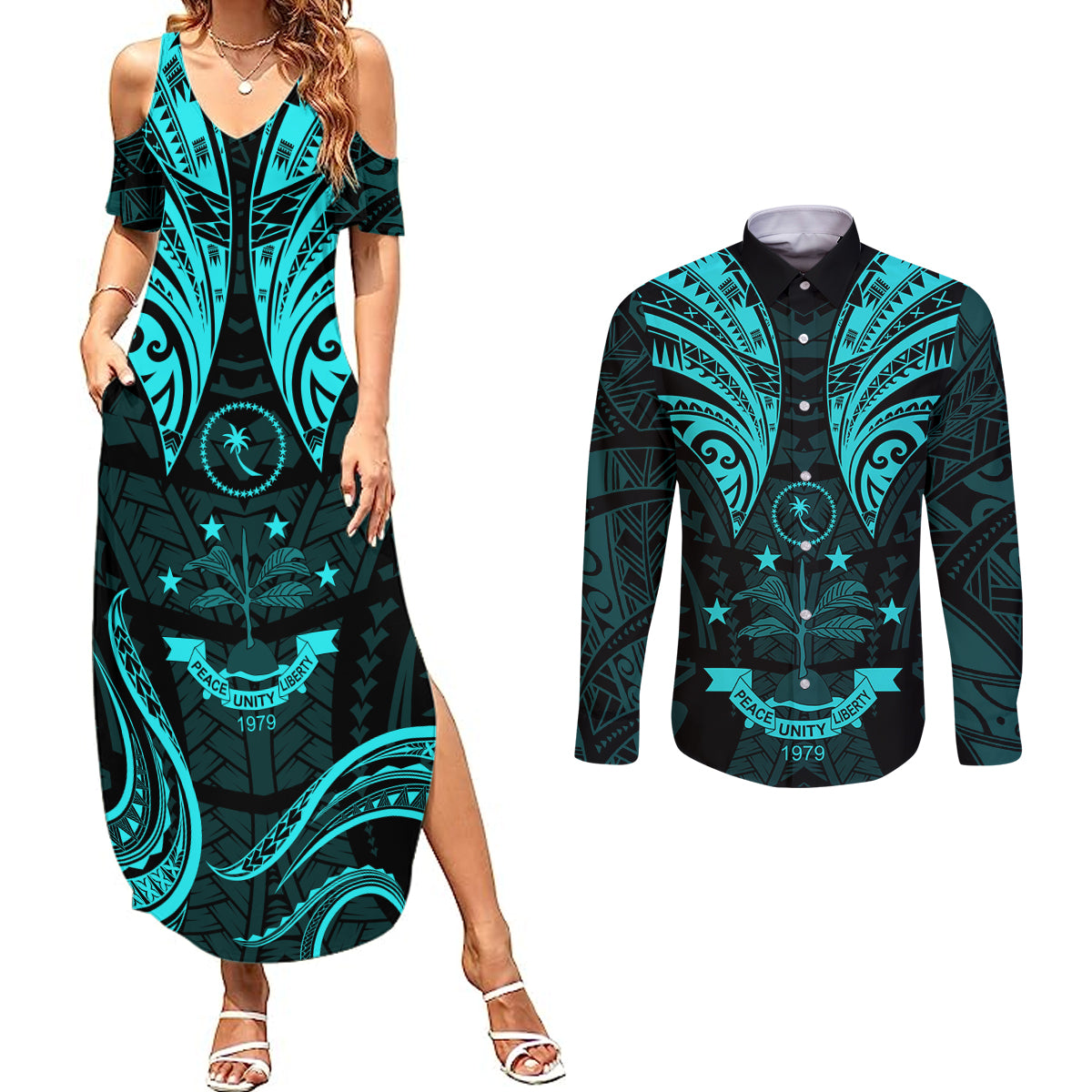 FSM Chuuk States Couples Matching Summer Maxi Dress and Long Sleeve Button Shirts Micronesia Vintage Polynesian Tribal Aqua Version LT9 Aqua - Polynesian Pride