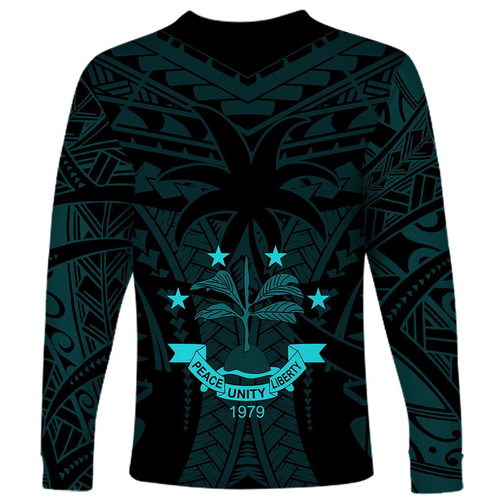 FSM Chuuk States Long Sleeve Shirt Micronesia Vintage Polynesian Tribal Aqua Version LT9 - Polynesian Pride