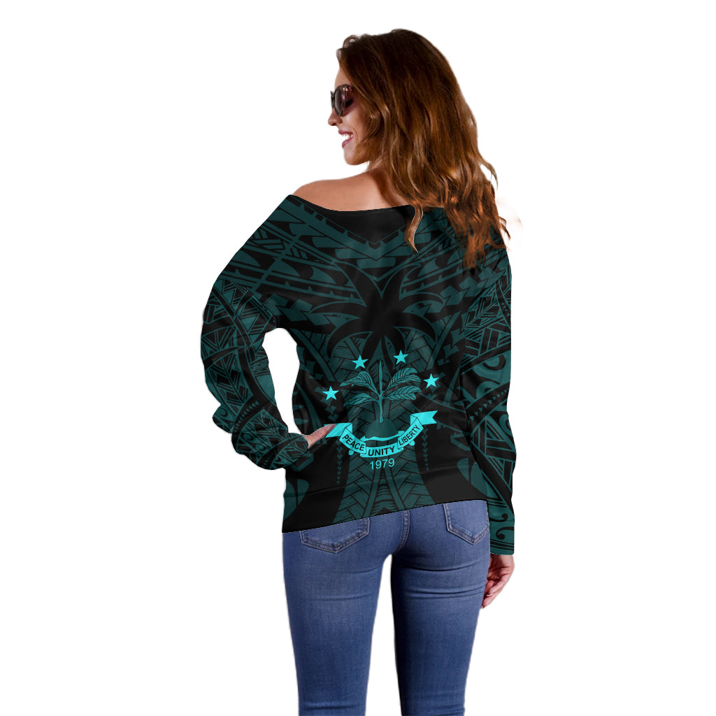 FSM Chuuk States Off Shoulder Sweater Micronesia Vintage Polynesian Tribal Aqua Version LT9 - Polynesian Pride