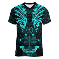 FSM Chuuk States Women V Neck T Shirt Micronesia Vintage Polynesian Tribal Aqua Version LT9 Female Aqua - Polynesian Pride
