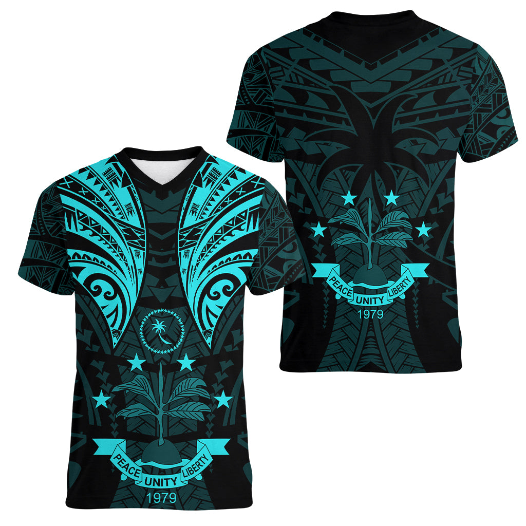 FSM Chuuk States Women V Neck T Shirt Micronesia Vintage Polynesian Tribal Aqua Version LT9 - Polynesian Pride