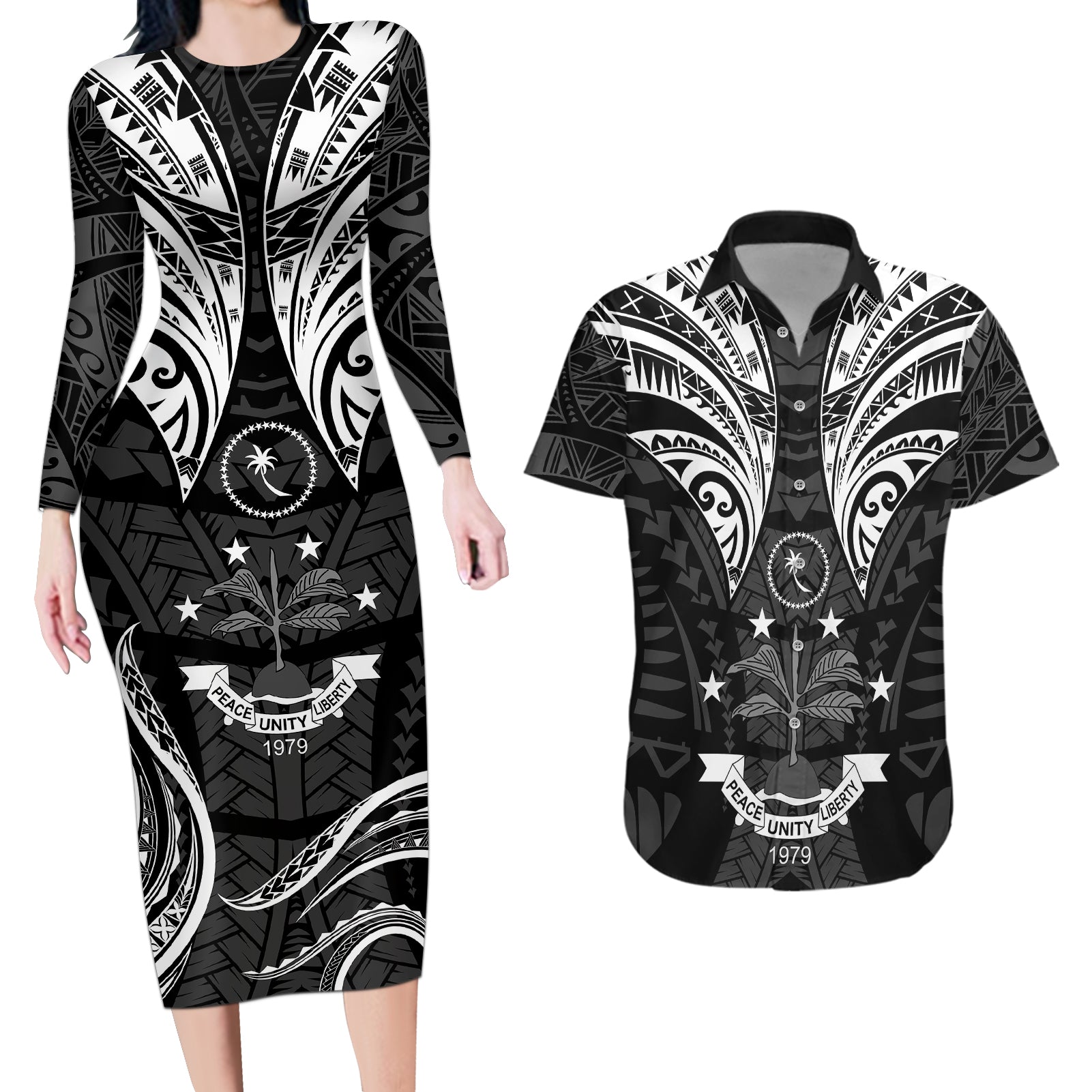 FSM Chuuk States Couples Matching Long Sleeve Bodycon Dress and Hawaiian Shirt Micronesia Vintage Polynesian Tribal Black Version LT9 Black - Polynesian Pride