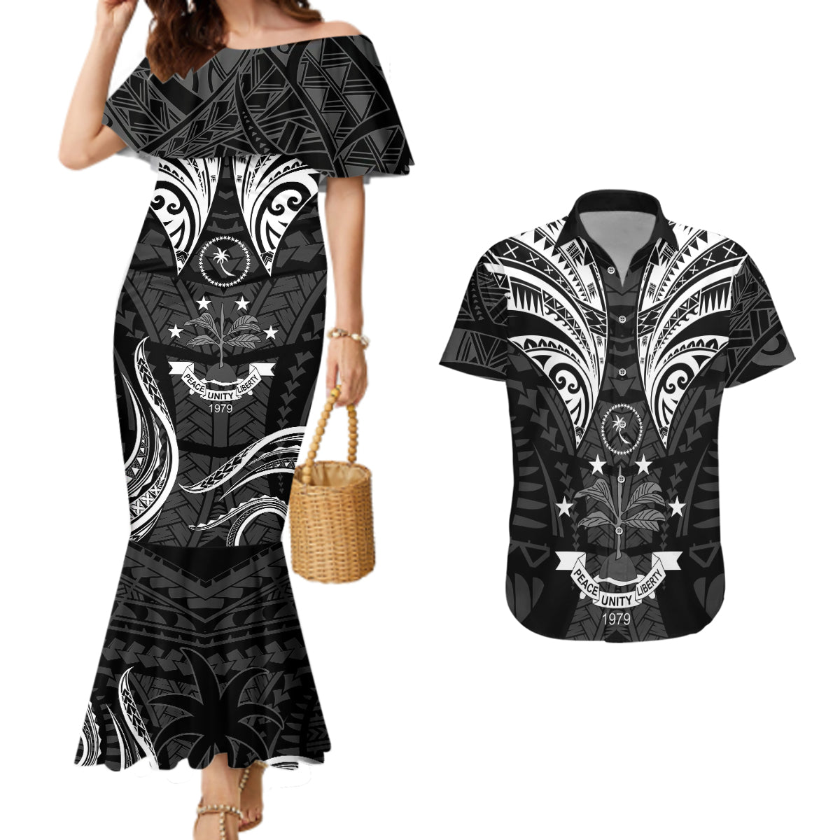 FSM Chuuk States Couples Matching Mermaid Dress and Hawaiian Shirt Micronesia Vintage Polynesian Tribal Black Version LT9 Black - Polynesian Pride