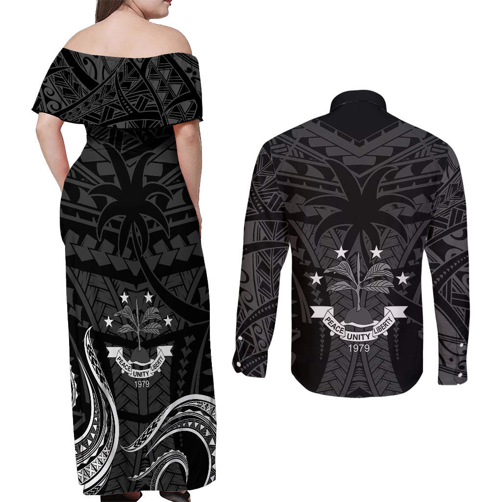FSM Chuuk States Couples Matching Off Shoulder Maxi Dress and Long Sleeve Button Shirts Micronesia Vintage Polynesian Tribal Black Version LT9 - Polynesian Pride