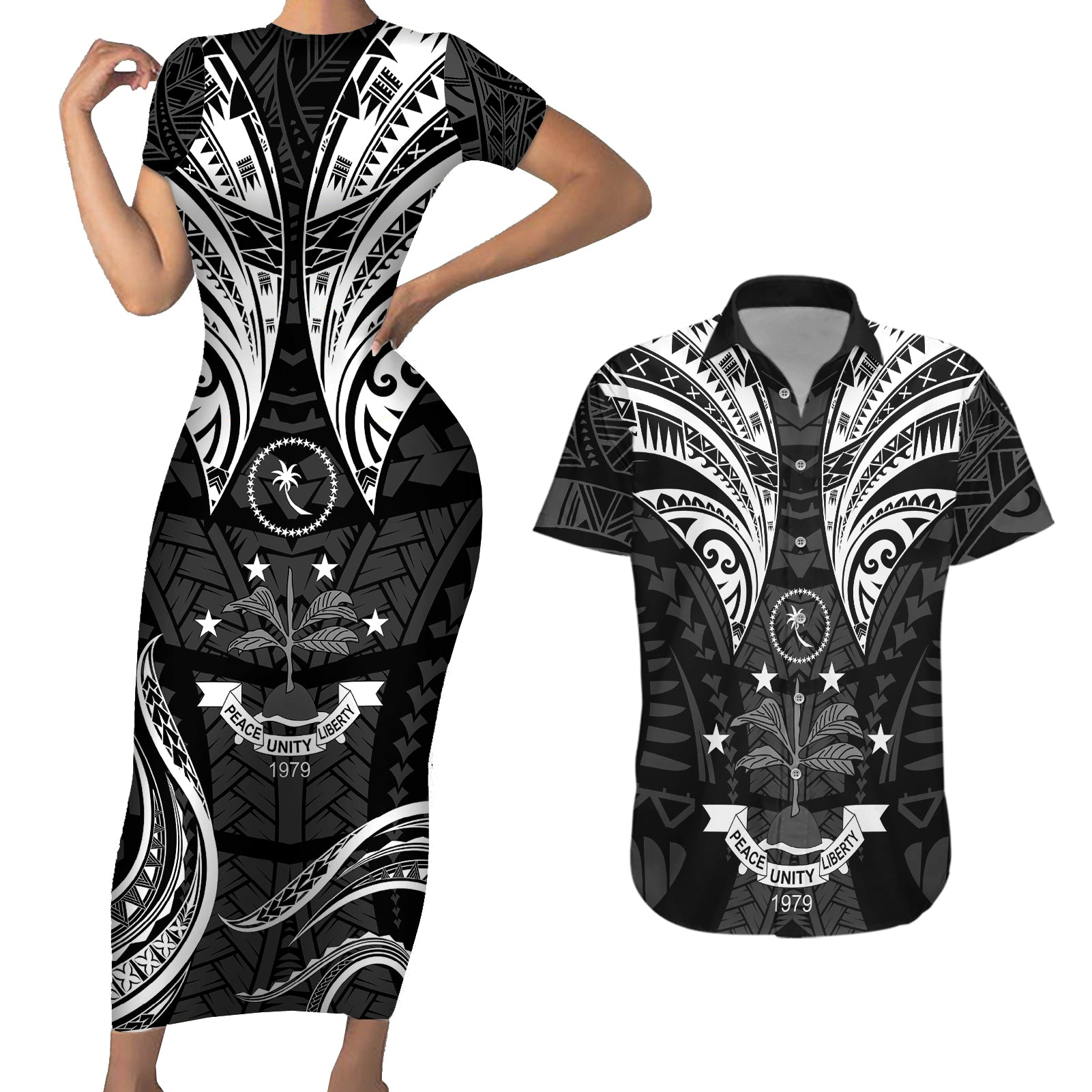 FSM Chuuk States Couples Matching Short Sleeve Bodycon Dress and Hawaiian Shirt Micronesia Vintage Polynesian Tribal Black Version LT9 Black - Polynesian Pride