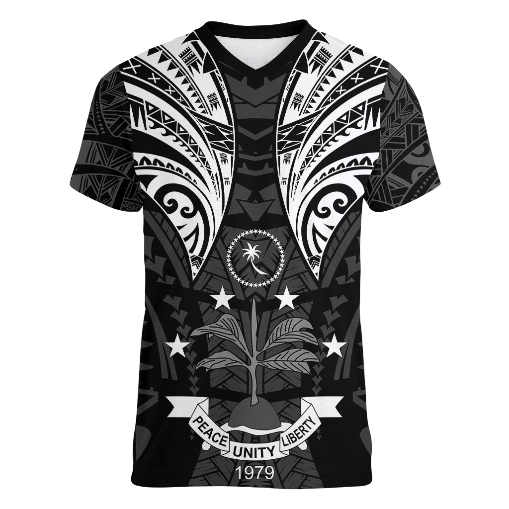 FSM Chuuk States Women V Neck T Shirt Micronesia Vintage Polynesian Tribal Black Version LT9 Female Black - Polynesian Pride