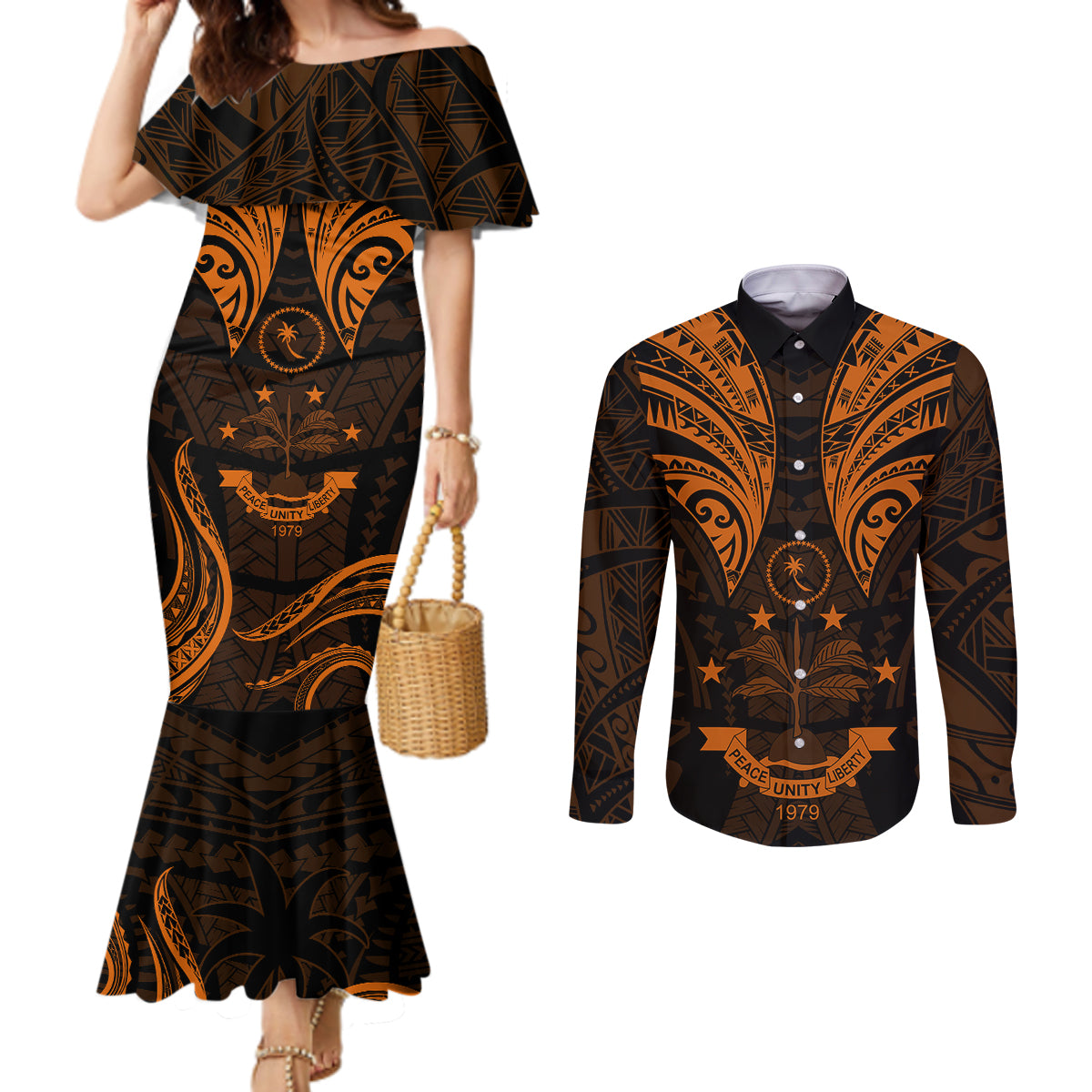FSM Chuuk States Couples Matching Mermaid Dress and Long Sleeve Button Shirts Micronesia Vintage Polynesian Tribal Gold Version LT9 Gold - Polynesian Pride