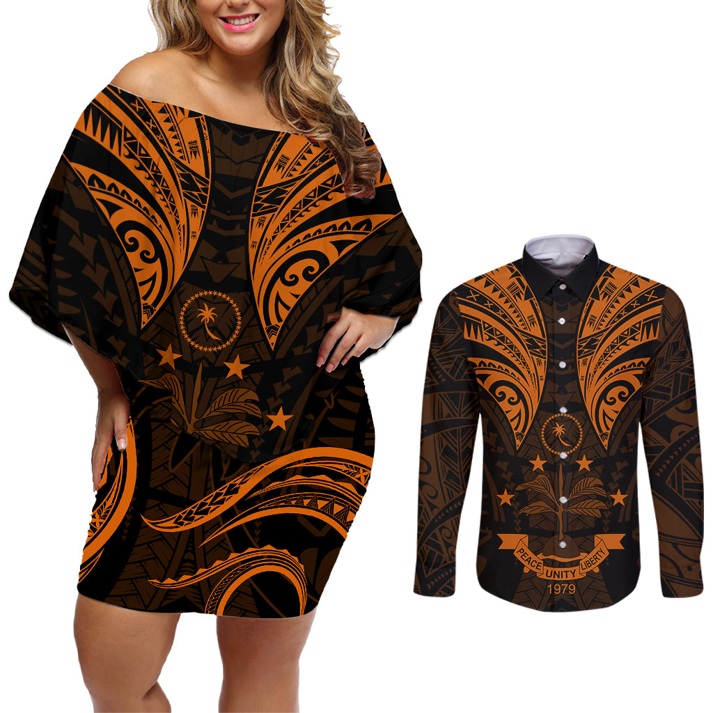FSM Chuuk States Couples Matching Off Shoulder Short Dress and Long Sleeve Button Shirts Micronesia Vintage Polynesian Tribal Gold Version LT9 Gold - Polynesian Pride