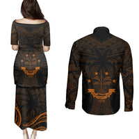 FSM Chuuk States Couples Matching Puletasi Dress and Long Sleeve Button Shirts Micronesia Vintage Polynesian Tribal Gold Version LT9 - Polynesian Pride