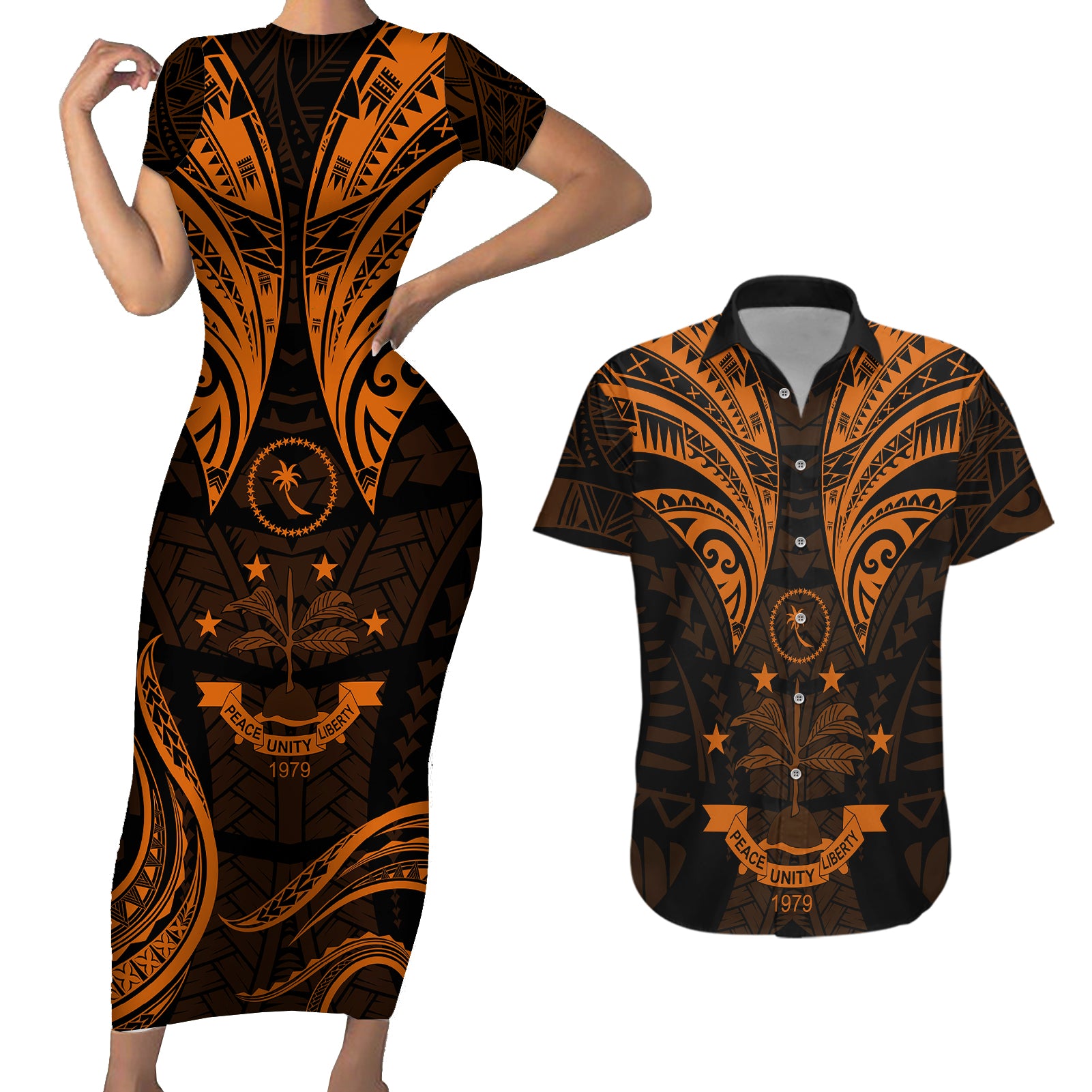 FSM Chuuk States Couples Matching Short Sleeve Bodycon Dress and Hawaiian Shirt Micronesia Vintage Polynesian Tribal Gold Version LT9 Gold - Polynesian Pride