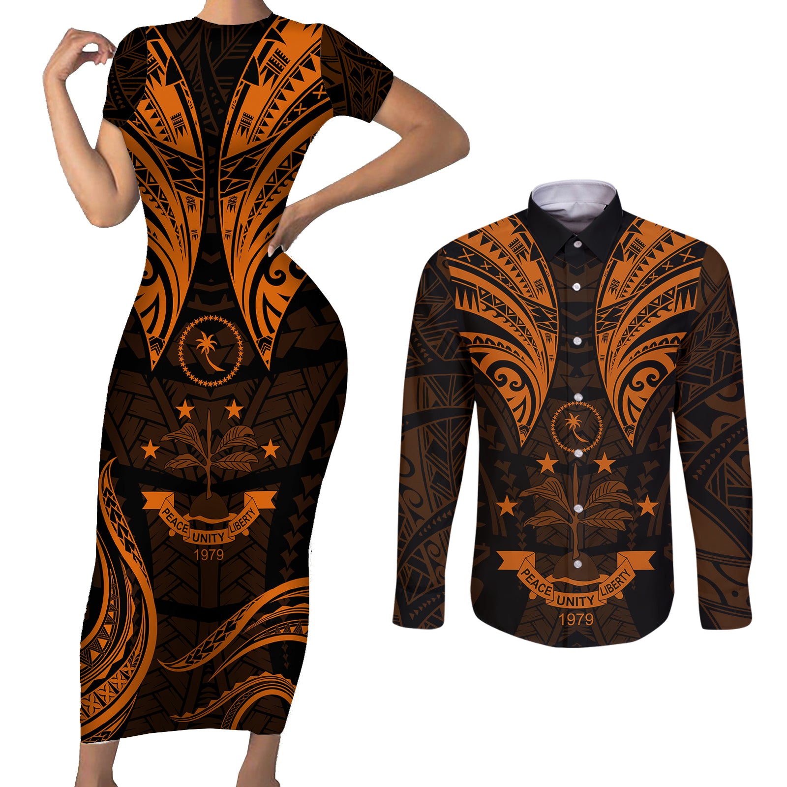 FSM Chuuk States Couples Matching Short Sleeve Bodycon Dress and Long Sleeve Button Shirts Micronesia Vintage Polynesian Tribal Gold Version LT9 Gold - Polynesian Pride