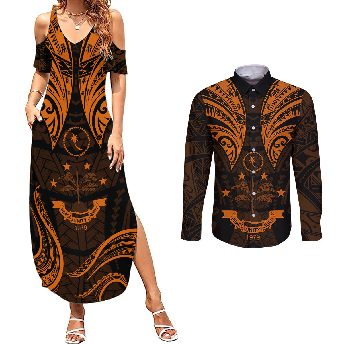 FSM Chuuk States Couples Matching Summer Maxi Dress and Long Sleeve Button Shirts Micronesia Vintage Polynesian Tribal Gold Version LT9 Gold - Polynesian Pride