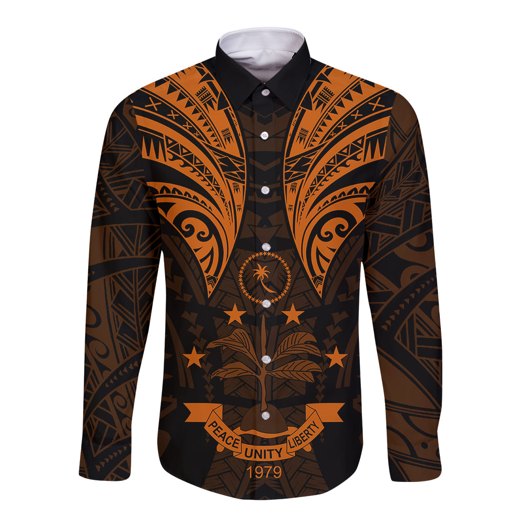 FSM Chuuk States Long Sleeve Button Shirt Micronesia Vintage Polynesian Tribal Gold Version LT9 Unisex Gold - Polynesian Pride