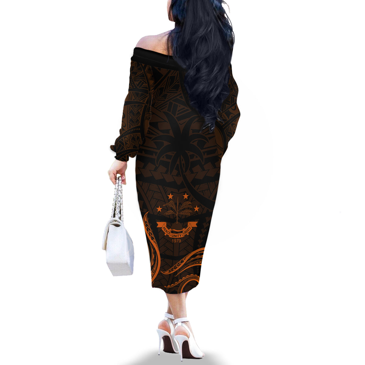 FSM Chuuk States Off The Shoulder Long Sleeve Dress Micronesia Vintage Polynesian Tribal Gold Version LT9 - Polynesian Pride