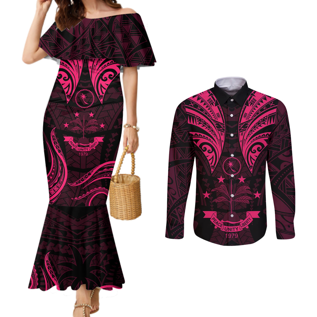 FSM Chuuk States Couples Matching Mermaid Dress and Long Sleeve Button Shirts Micronesia Vintage Polynesian Tribal Pink Version LT9 Pink - Polynesian Pride