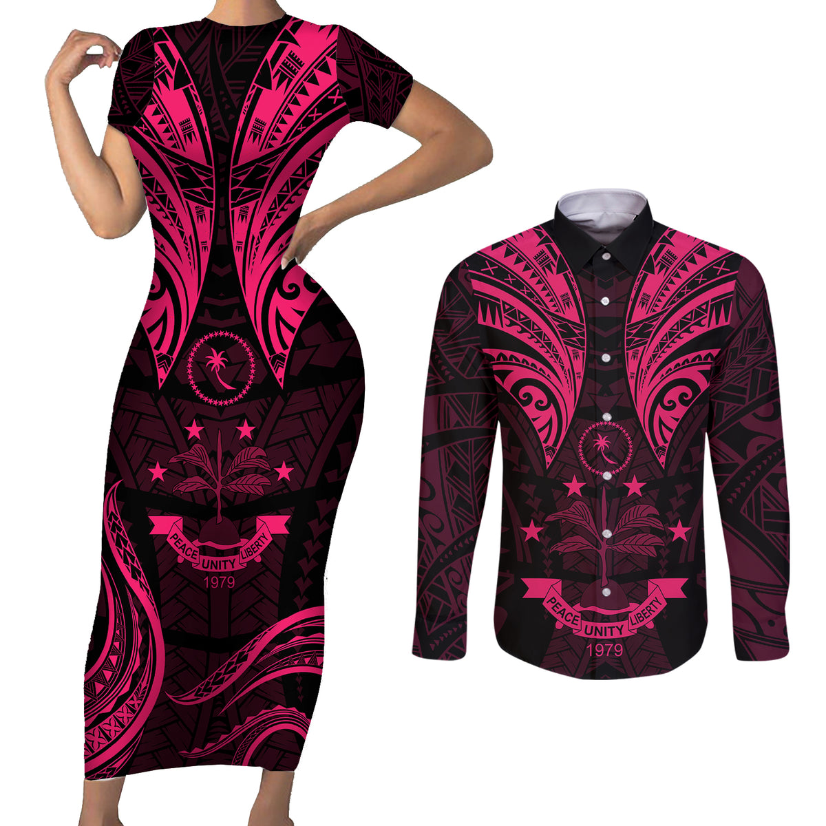FSM Chuuk States Couples Matching Short Sleeve Bodycon Dress and Long Sleeve Button Shirts Micronesia Vintage Polynesian Tribal Pink Version LT9 Pink - Polynesian Pride