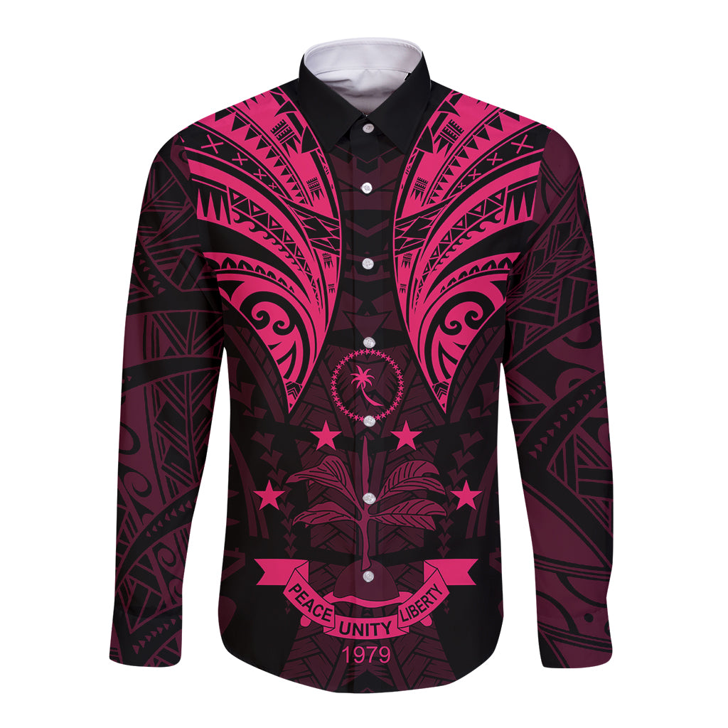 FSM Chuuk States Long Sleeve Button Shirt Micronesia Vintage Polynesian Tribal Pink Version LT9 Unisex Pink - Polynesian Pride