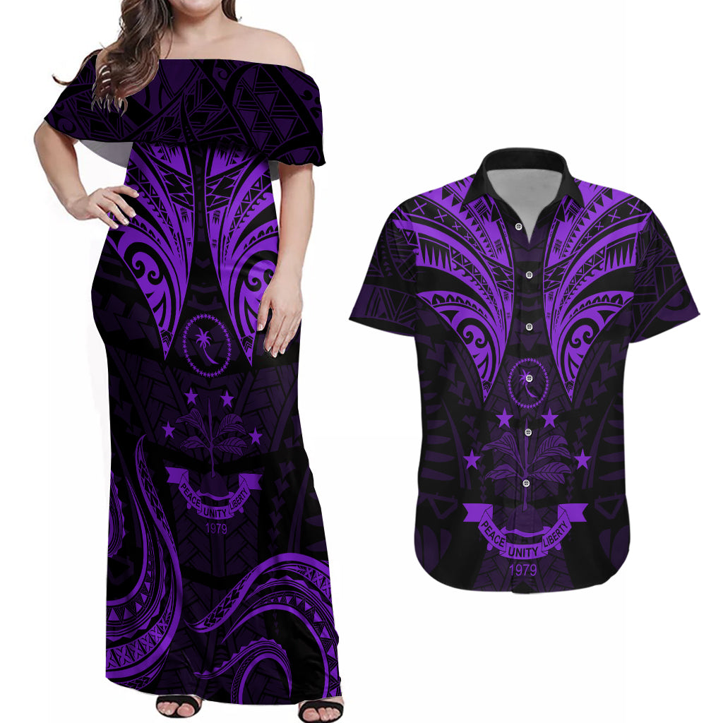 FSM Chuuk States Couples Matching Off Shoulder Maxi Dress and Hawaiian Shirt Micronesia Vintage Polynesian Tribal Purple Version LT9 Purple - Polynesian Pride