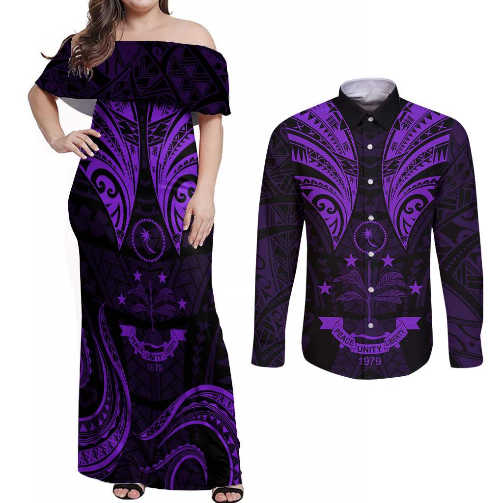 FSM Chuuk States Couples Matching Off Shoulder Maxi Dress and Long Sleeve Button Shirts Micronesia Vintage Polynesian Tribal Purple Version LT9 Purple - Polynesian Pride